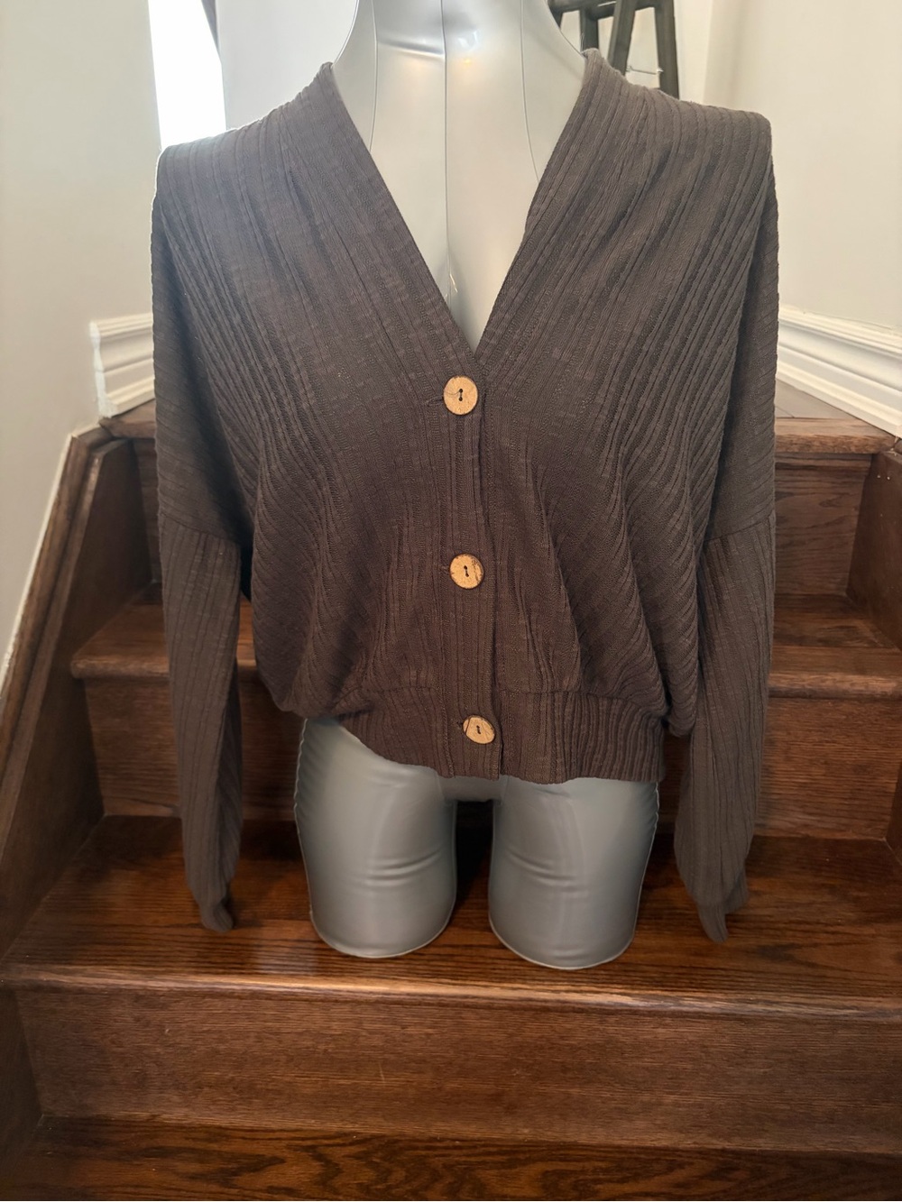 Women's Grey V-Neck Button Cardigan Sweater